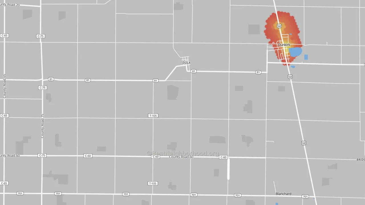 Walk Grade map of 45835, OH, walkable areas in green and car-dependent areas in red