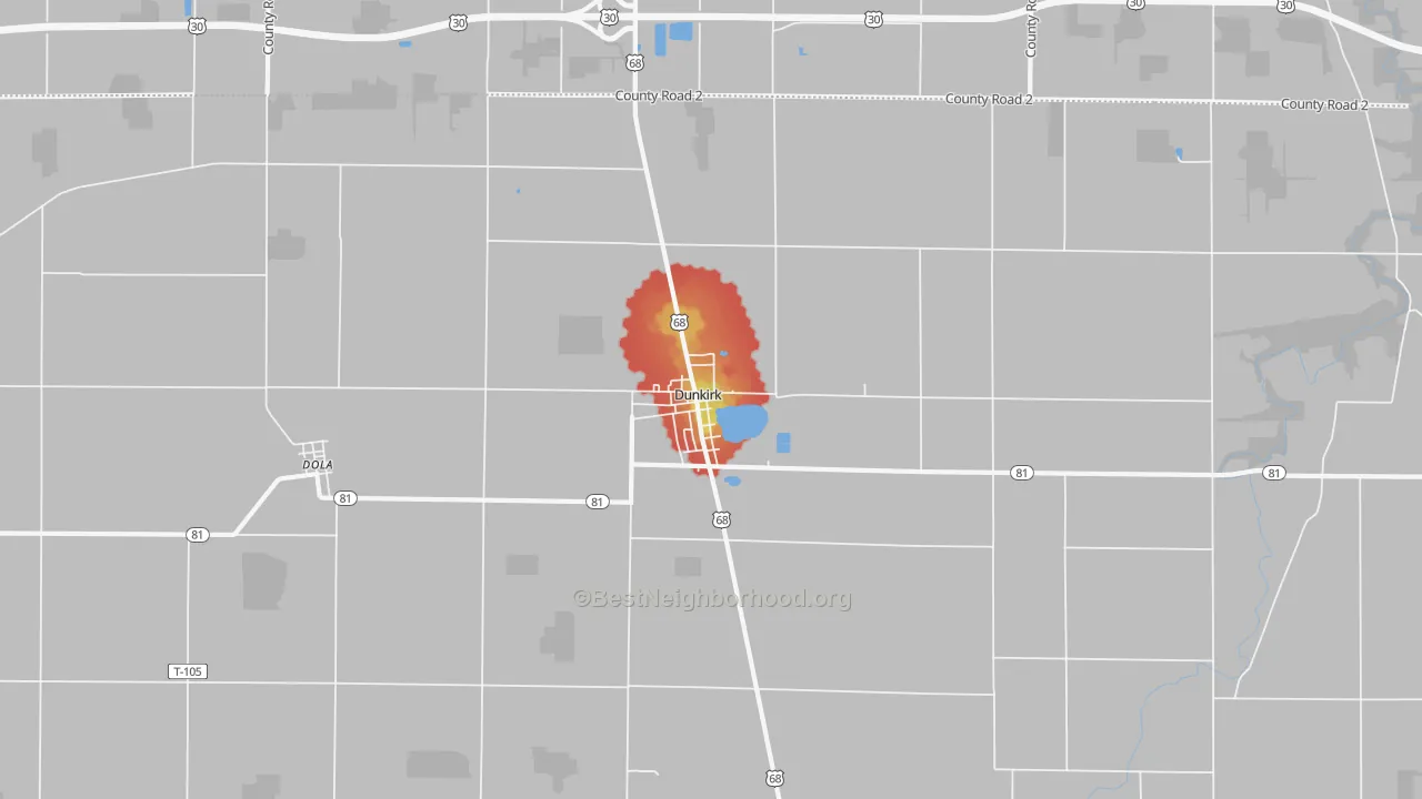 Walk Grade map of 45836, OH, walkable areas in green and car-dependent areas in red