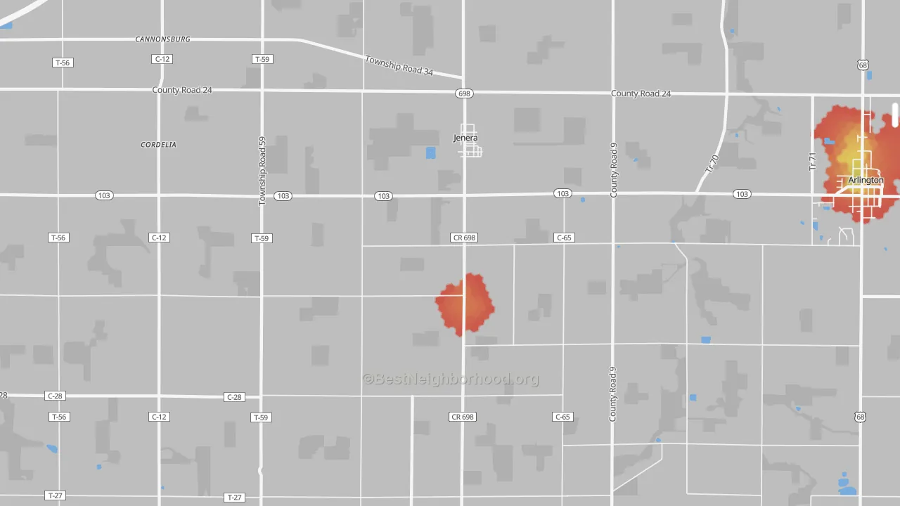 Walk Grade map of 45841, OH, walkable areas in green and car-dependent areas in red