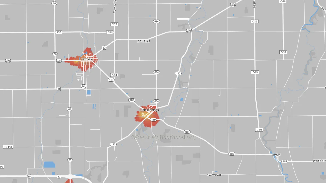 Walk Grade map of 45844, OH, walkable areas in green and car-dependent areas in red