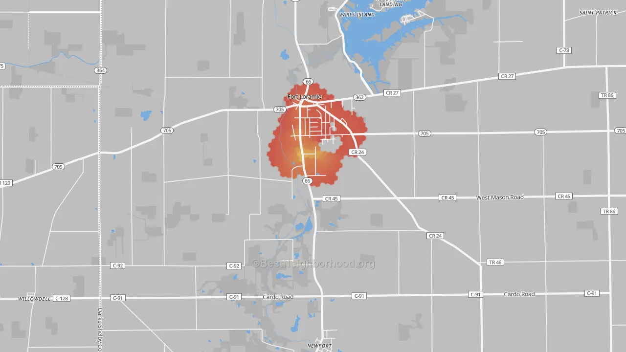 Walk Grade map of 45845, OH, walkable areas in green and car-dependent areas in red