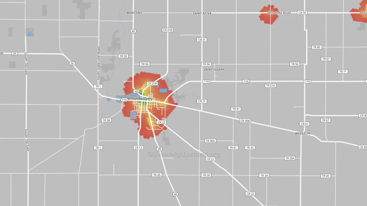 Walk Grade map of 45846, OH, walkable areas in green and car-dependent areas in red