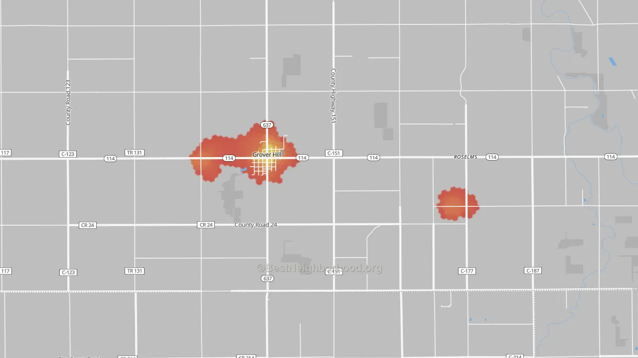 Walk Grade map of 45849, OH, walkable areas in green and car-dependent areas in red