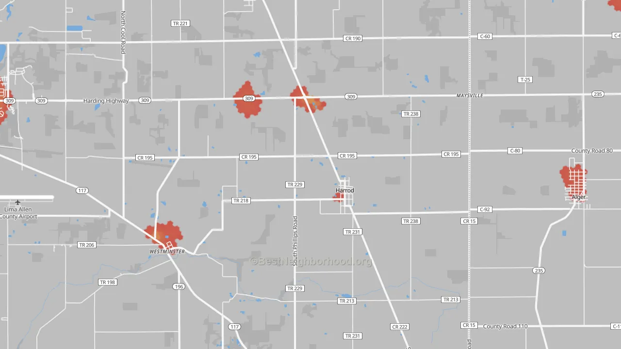 Walk Grade map of 45850, OH, walkable areas in green and car-dependent areas in red