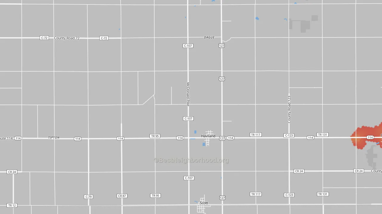 Walk Grade map of 45851, OH, walkable areas in green and car-dependent areas in red