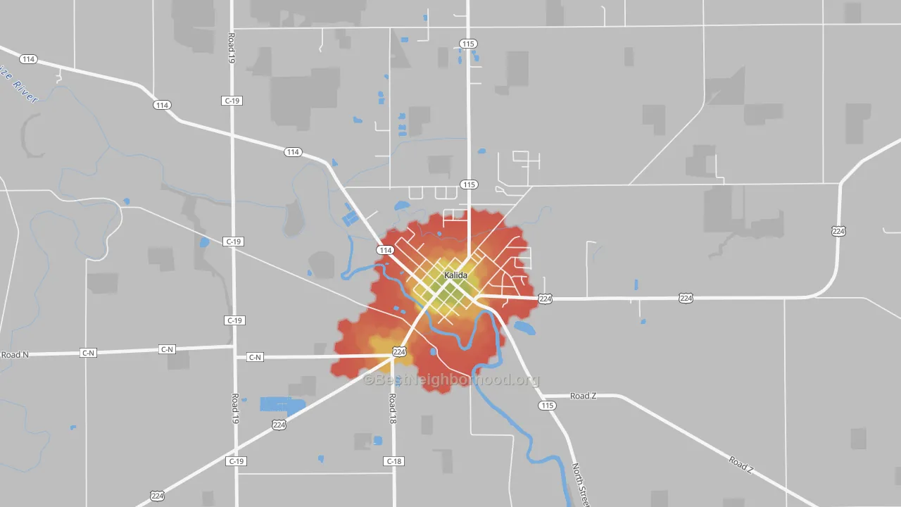 Walk Grade map of 45853, OH, walkable areas in green and car-dependent areas in red