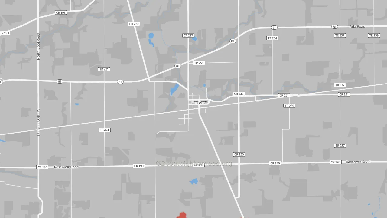 Walk Grade map of 45854, OH, walkable areas in green and car-dependent areas in red