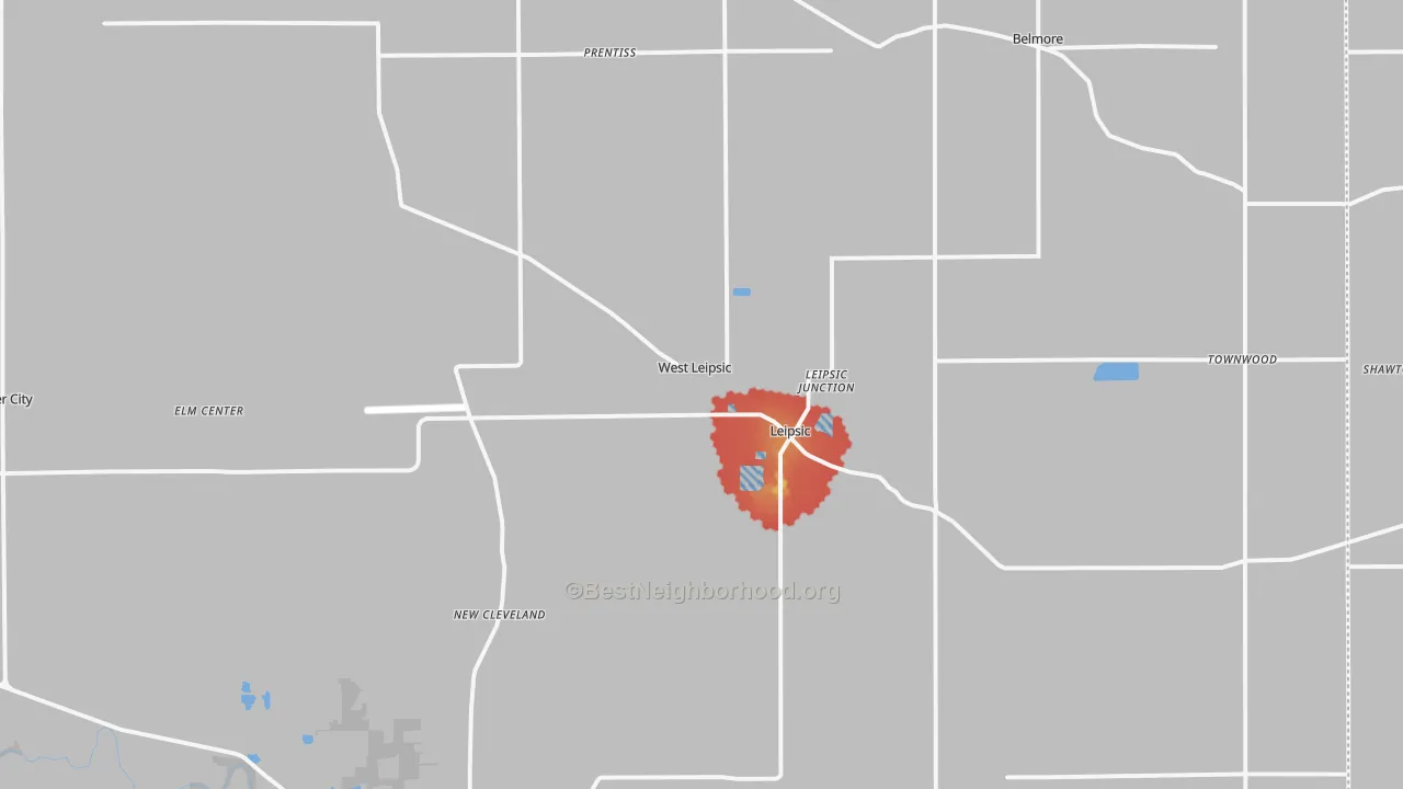 Walk Grade map of 45856, OH, walkable areas in green and car-dependent areas in red