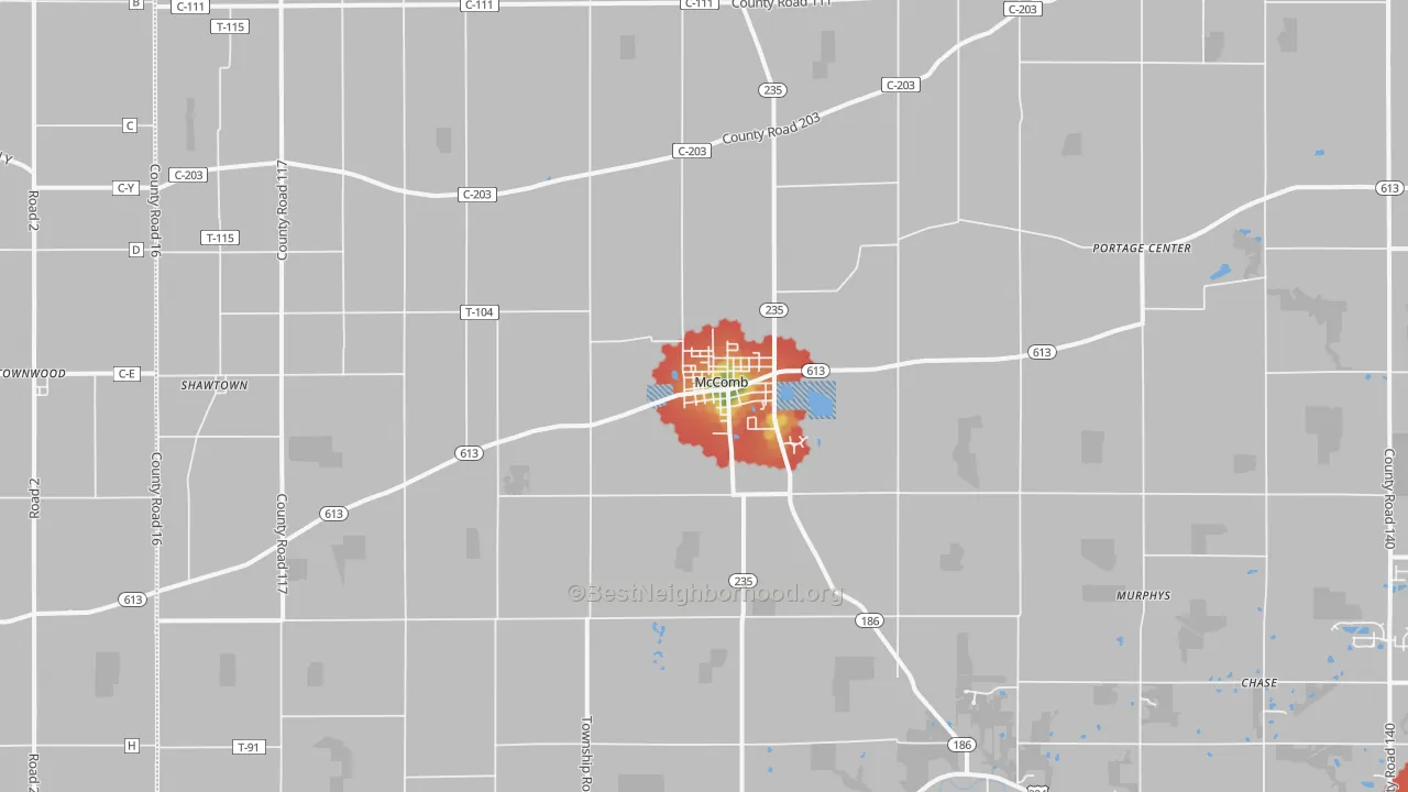 Walk Grade map of 45858, OH, walkable areas in green and car-dependent areas in red