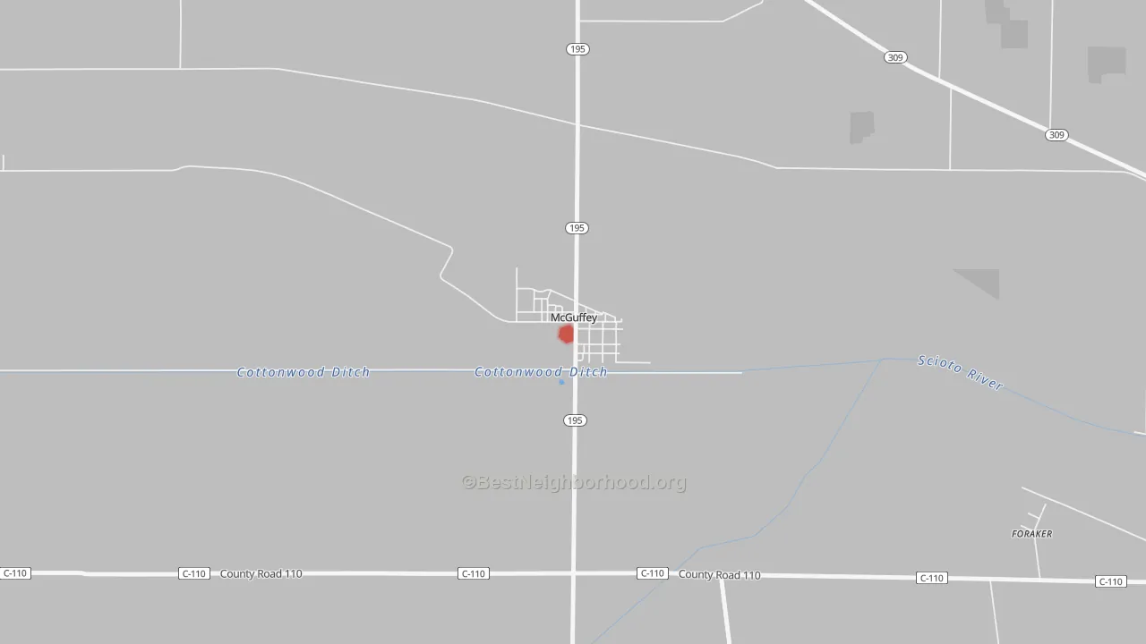 Walk Grade map of 45859, OH, walkable areas in green and car-dependent areas in red