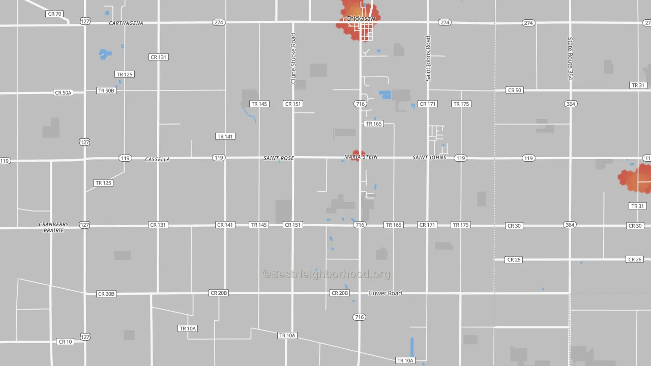 Walk Grade map of 45860, OH, walkable areas in green and car-dependent areas in red
