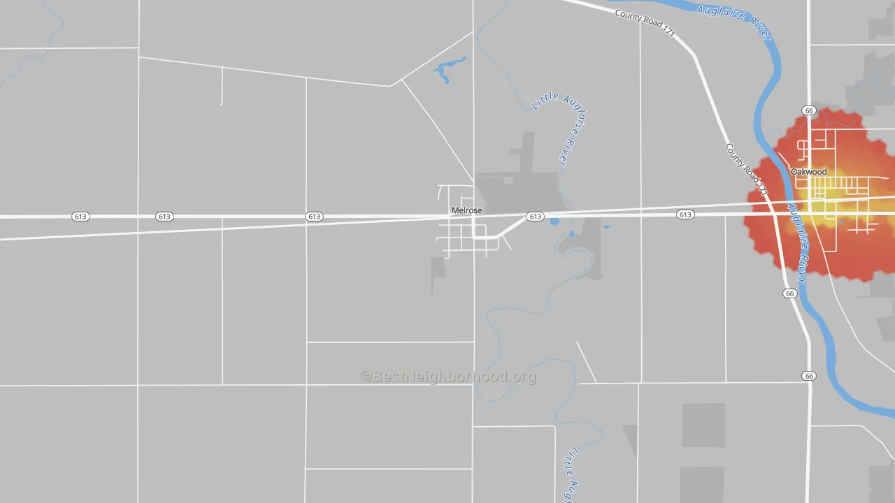 Walk Grade map of 45861, OH, walkable areas in green and car-dependent areas in red
