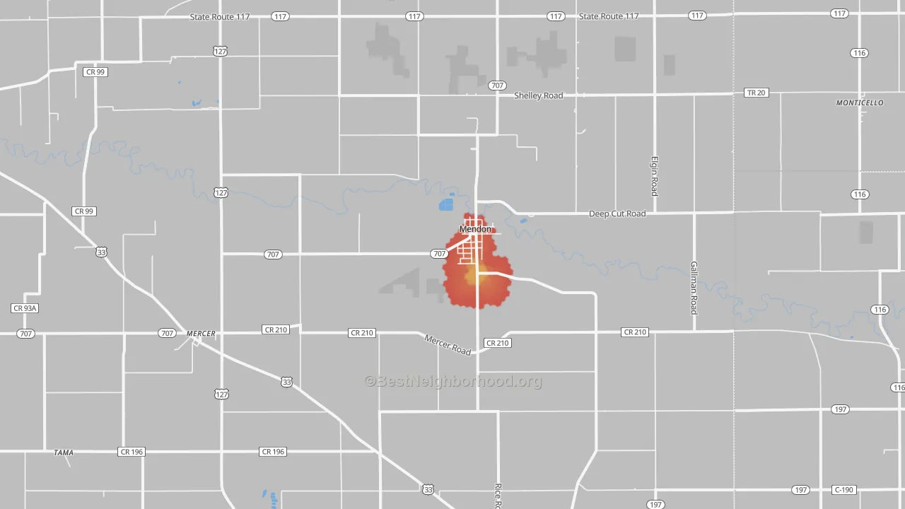Walk Grade map of 45862, OH, walkable areas in green and car-dependent areas in red