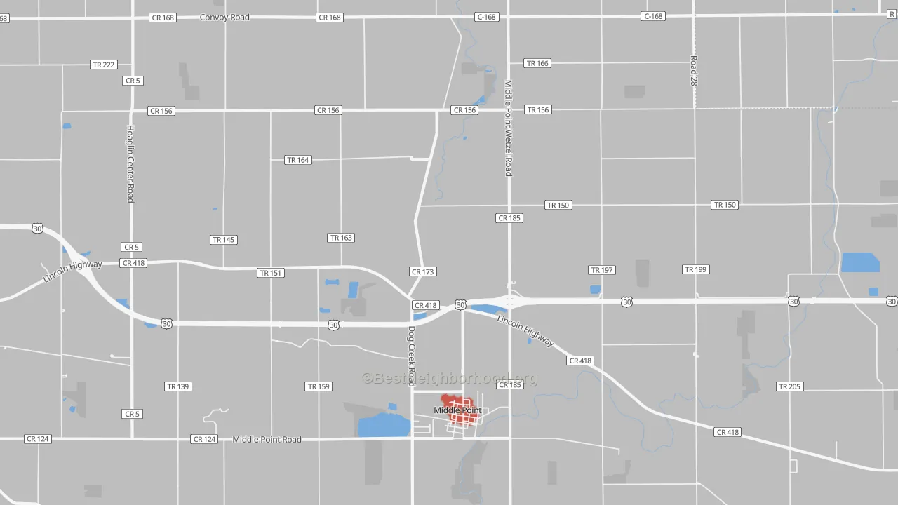 Walk Grade map of 45863, OH, walkable areas in green and car-dependent areas in red