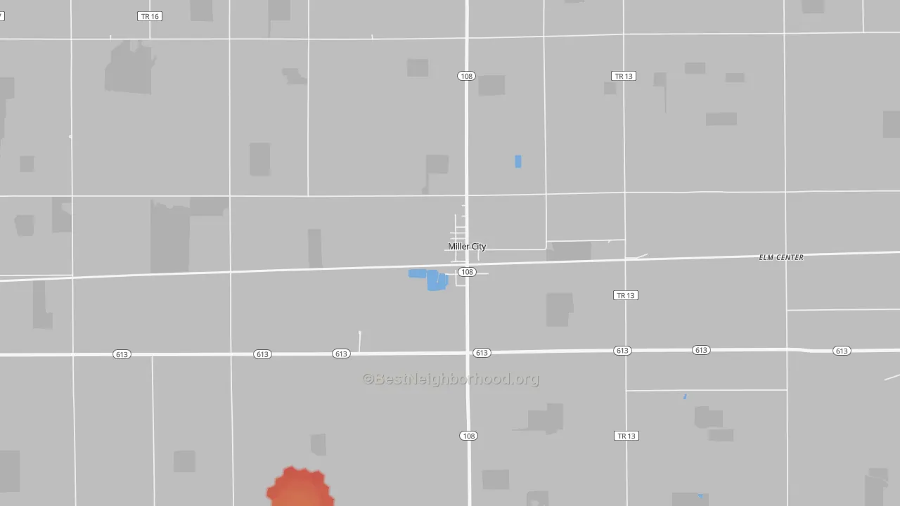 Walk Grade map of 45864, OH, walkable areas in green and car-dependent areas in red