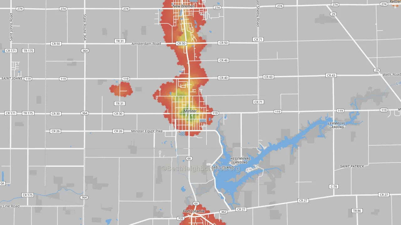 Walk Grade map of 45865, OH, walkable areas in green and car-dependent areas in red