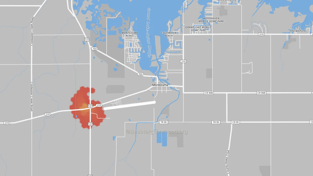 Walk Grade map of 45866, OH, walkable areas in green and car-dependent areas in red