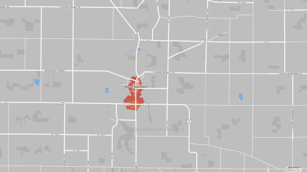 Walk Grade map of 45867, OH, walkable areas in green and car-dependent areas in red