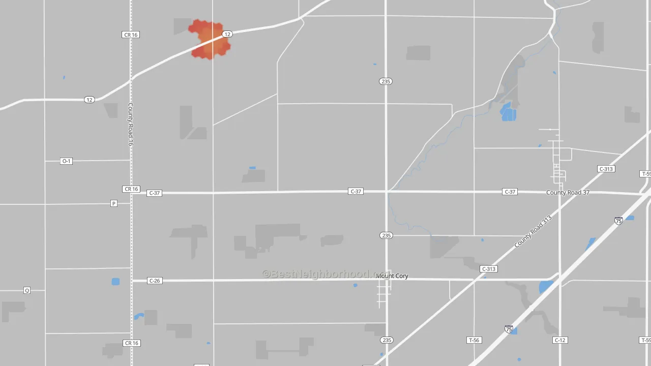 Walk Grade map of 45868, OH, walkable areas in green and car-dependent areas in red