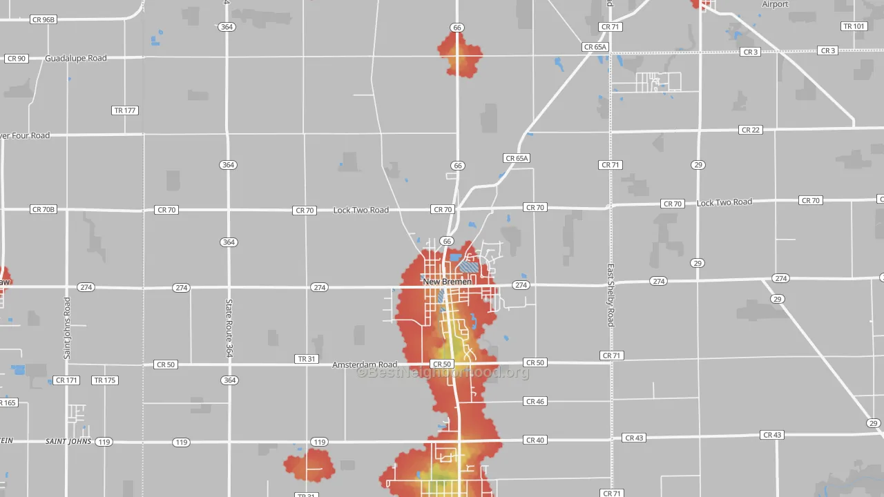 Walk Grade map of 45869, OH, walkable areas in green and car-dependent areas in red