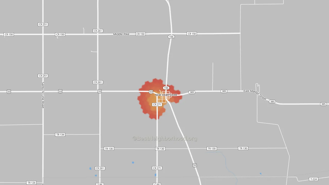Walk Grade map of 45870, OH, walkable areas in green and car-dependent areas in red