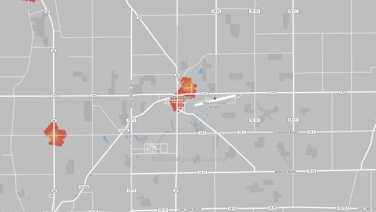 Walk Grade map of 45871, OH, walkable areas in green and car-dependent areas in red