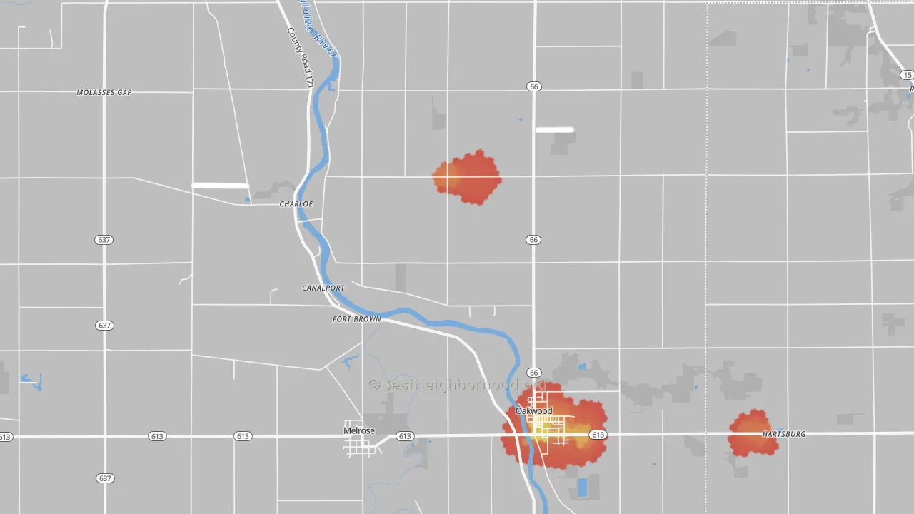 Walk Grade map of 45873, OH, walkable areas in green and car-dependent areas in red