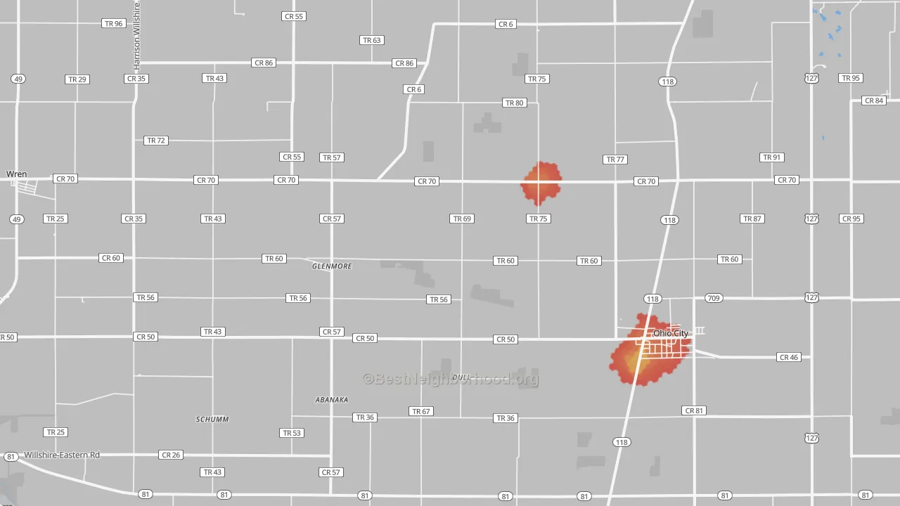 Walk Grade map of 45874, OH, walkable areas in green and car-dependent areas in red