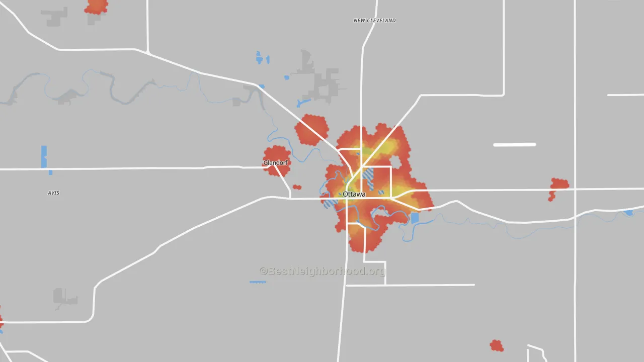 Walk Grade map of 45875, OH, walkable areas in green and car-dependent areas in red
