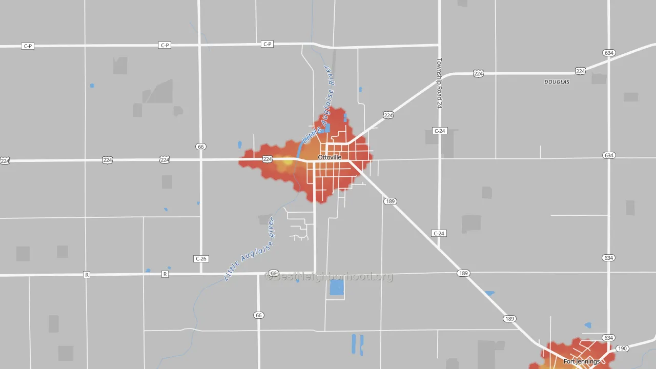 Walk Grade map of 45876, OH, walkable areas in green and car-dependent areas in red