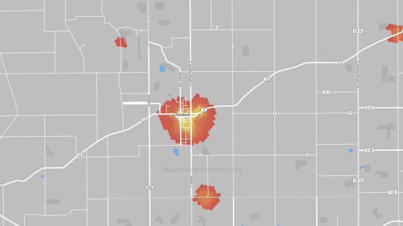 Walk Grade map of 45877, OH, walkable areas in green and car-dependent areas in red