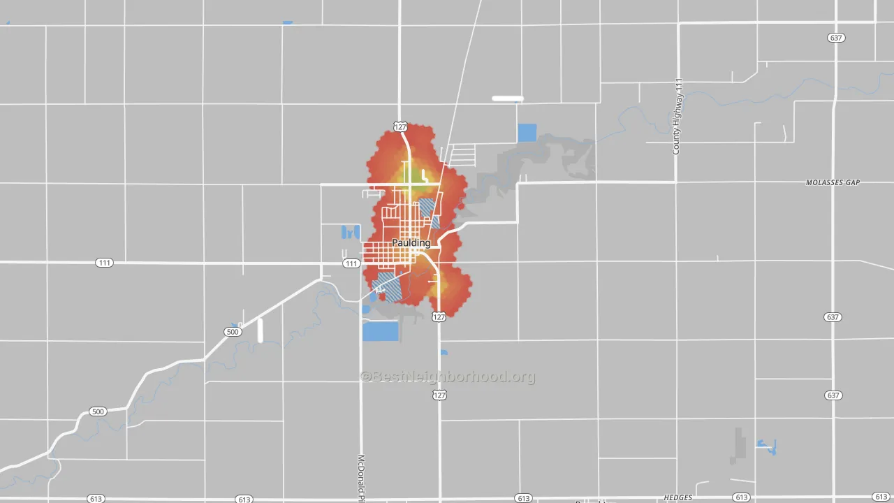 Walk Grade map of 45879, OH, walkable areas in green and car-dependent areas in red