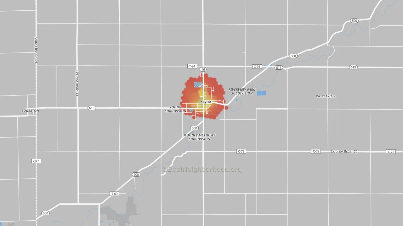 Walk Grade map of 45880, OH, walkable areas in green and car-dependent areas in red