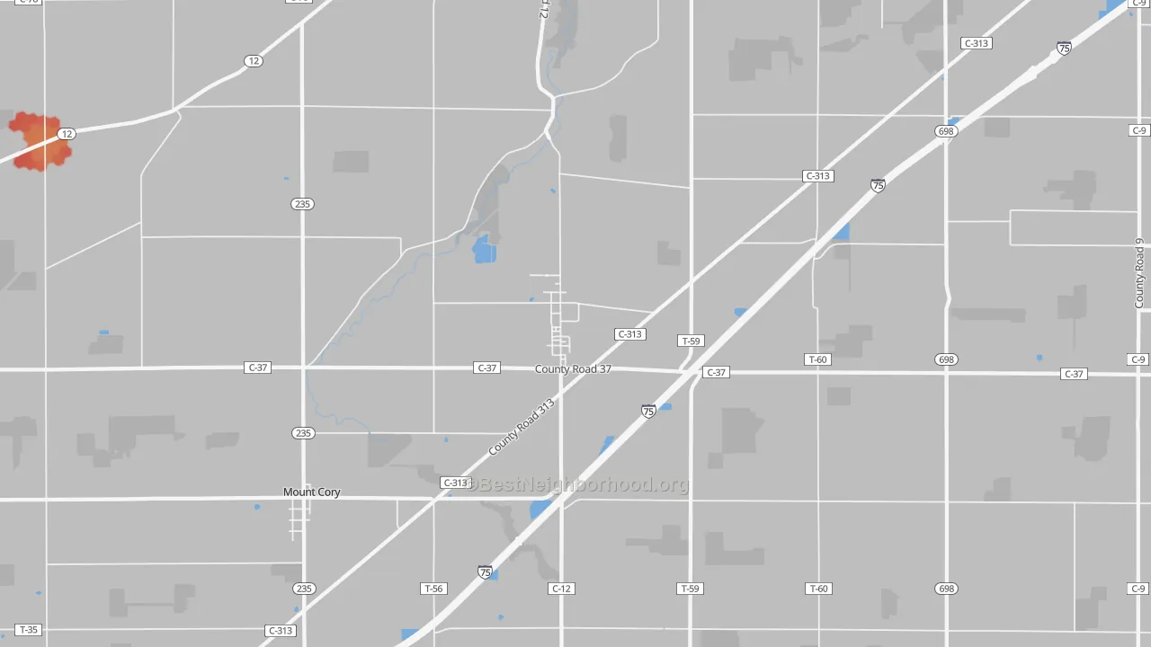 Walk Grade map of 45881, OH, walkable areas in green and car-dependent areas in red