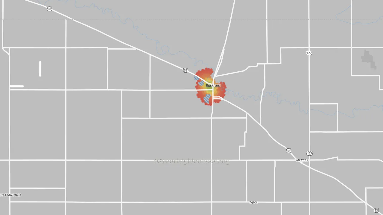 Walk Grade map of 45882, OH, walkable areas in green and car-dependent areas in red