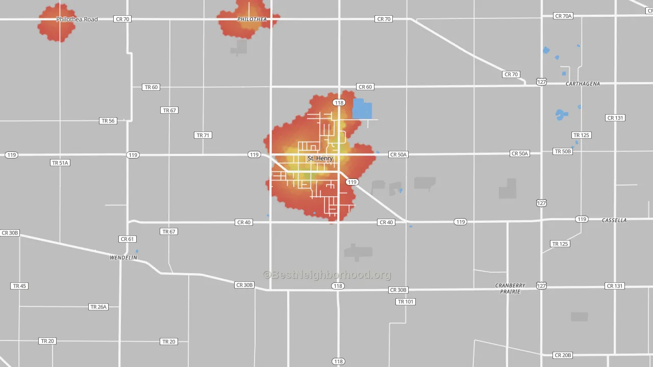 Walk Grade map of 45883, OH, walkable areas in green and car-dependent areas in red