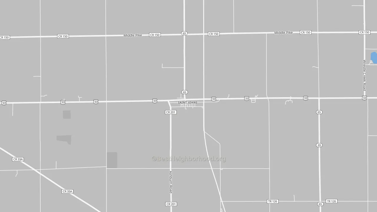 Walk Grade map of 45884, OH, walkable areas in green and car-dependent areas in red