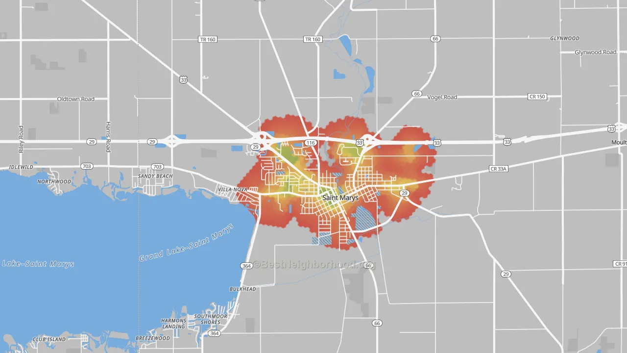 Walk Grade map of 45885, OH, walkable areas in green and car-dependent areas in red