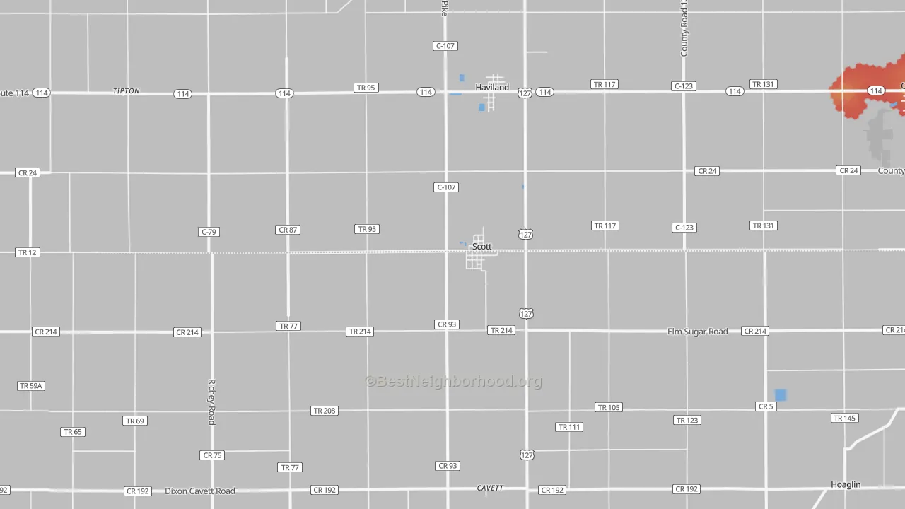 Walk Grade map of 45886, OH, walkable areas in green and car-dependent areas in red