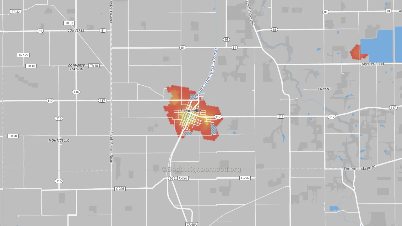 Walk Grade map of 45887, OH, walkable areas in green and car-dependent areas in red