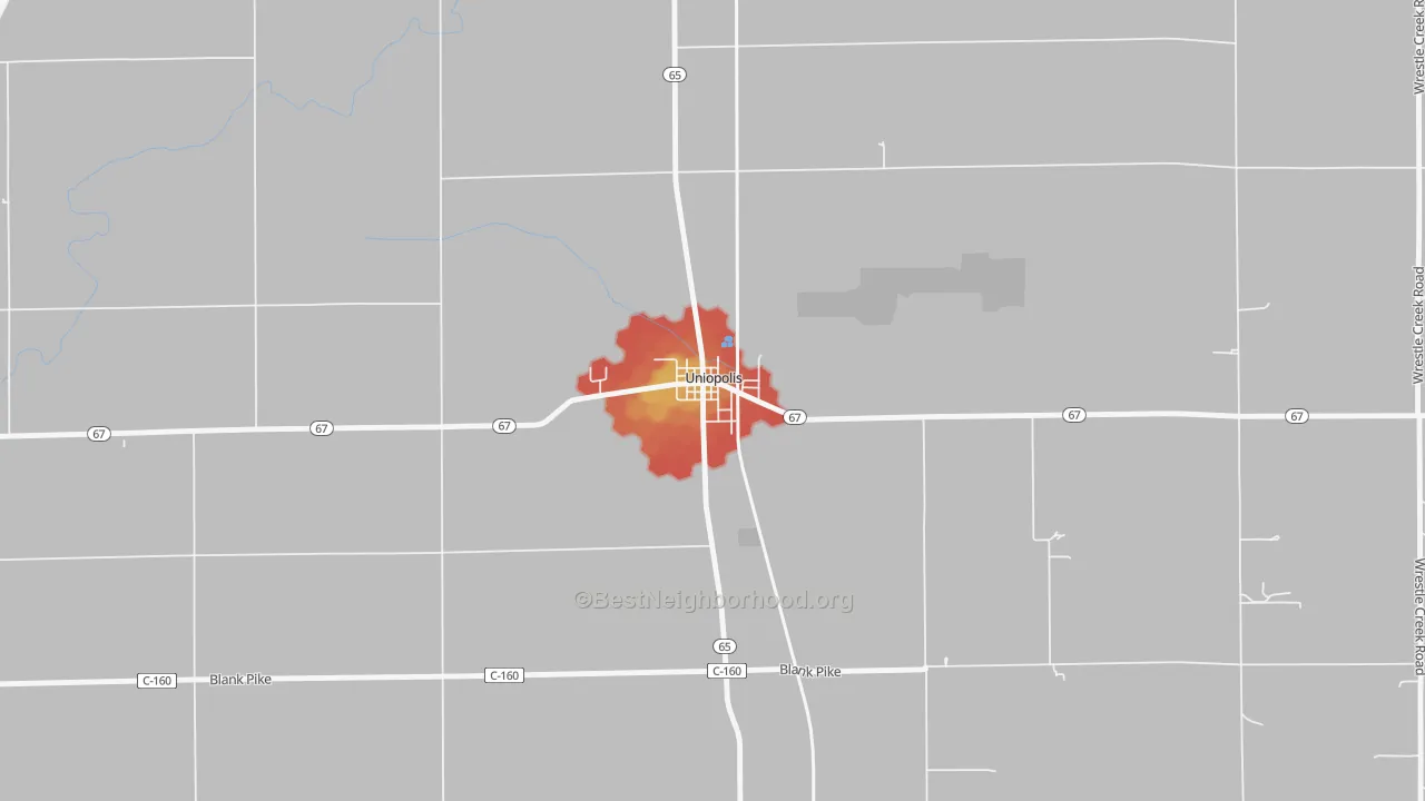 Walk Grade map of 45888, OH, walkable areas in green and car-dependent areas in red