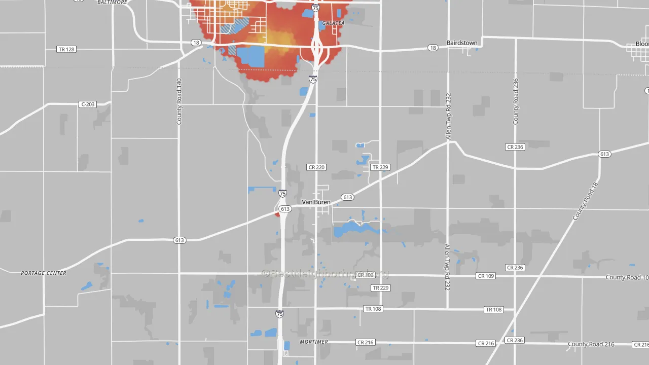 Walk Grade map of 45889, OH, walkable areas in green and car-dependent areas in red