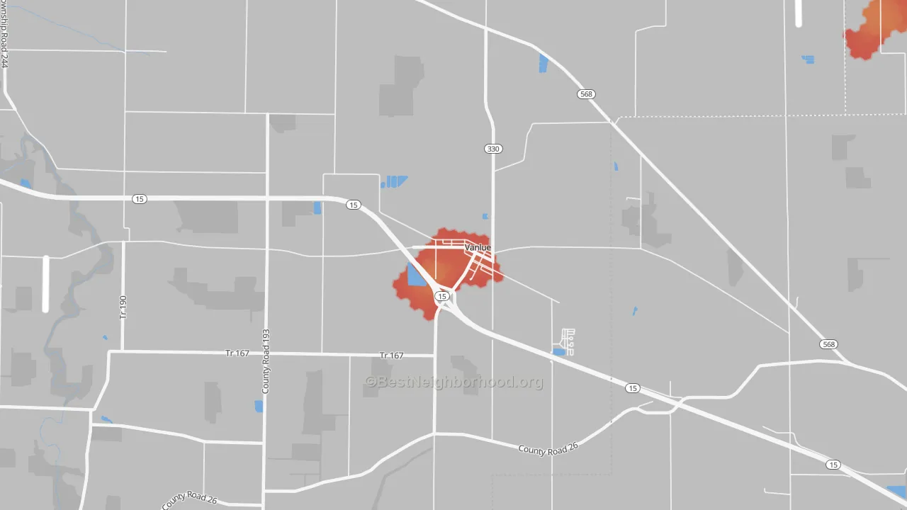 Walk Grade map of 45890, OH, walkable areas in green and car-dependent areas in red