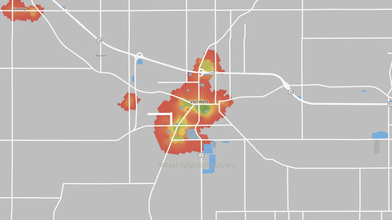 Walk Grade map of 45891, OH, walkable areas in green and car-dependent areas in red