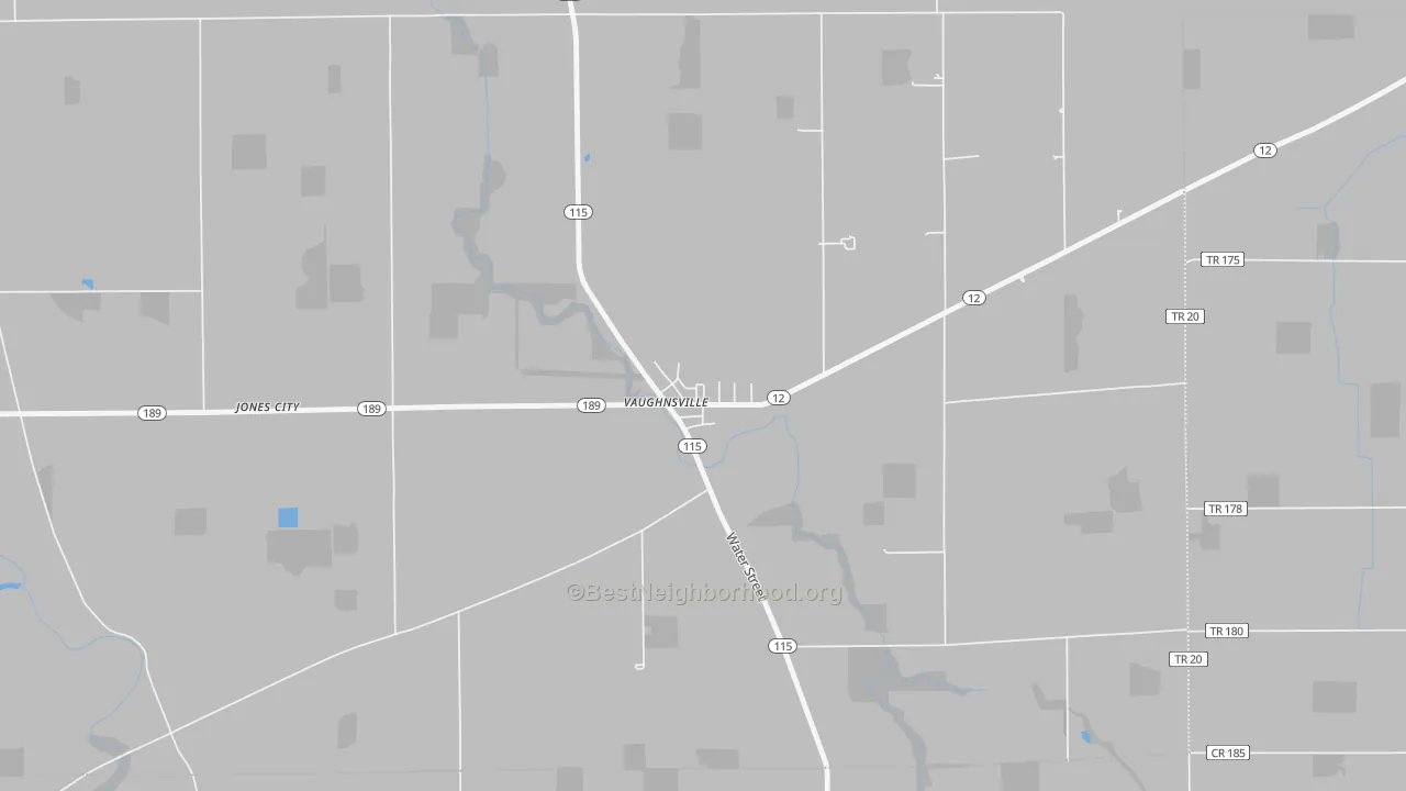 Walk Grade map of 45893, OH, walkable areas in green and car-dependent areas in red