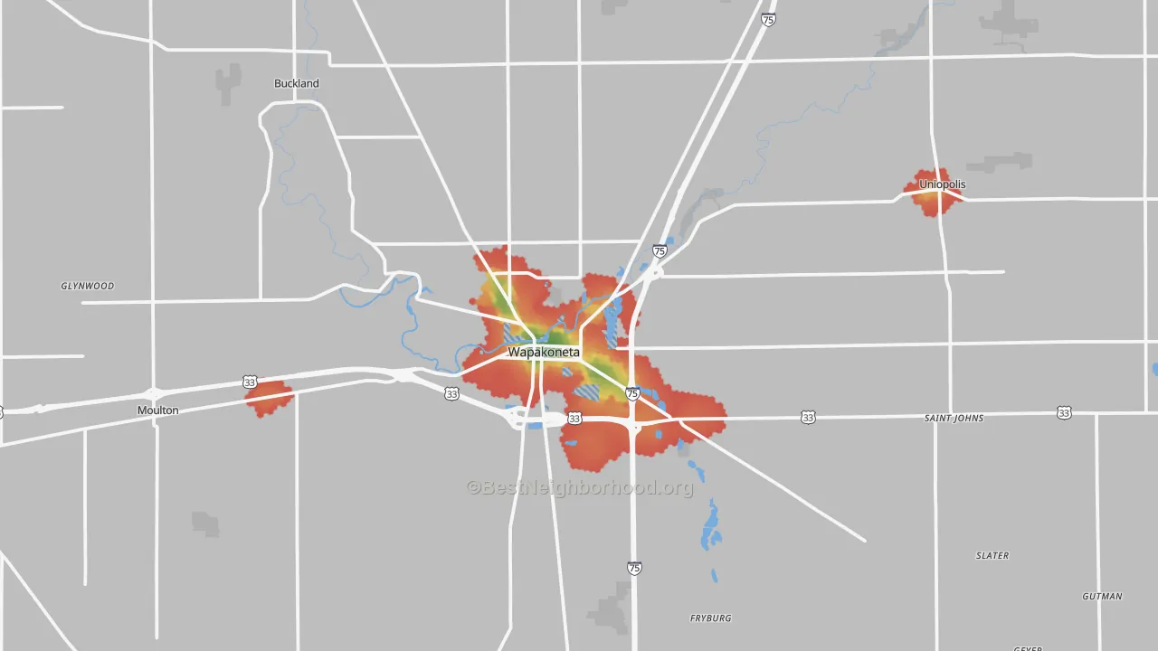 Walk Grade map of 45895, OH, walkable areas in green and car-dependent areas in red