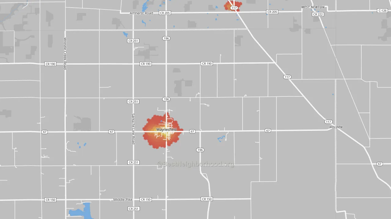 Walk Grade map of 45896, OH, walkable areas in green and car-dependent areas in red