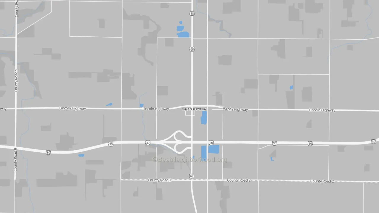 Walk Grade map of 45897, OH, walkable areas in green and car-dependent areas in red