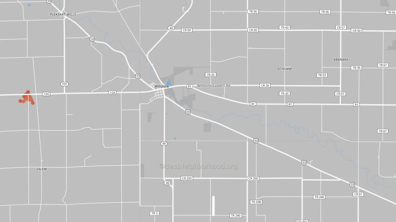 Walk Grade map of 45898, OH, walkable areas in green and car-dependent areas in red