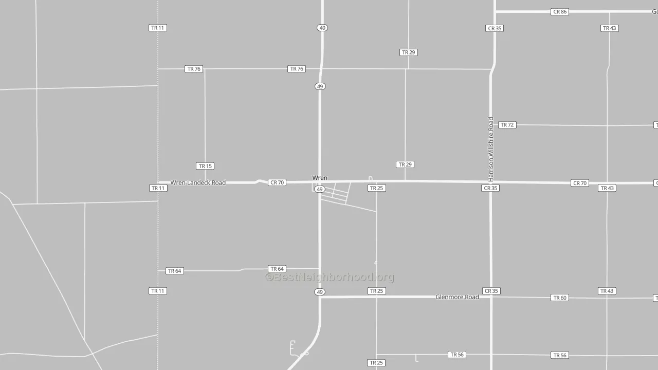 Walk Grade map of 45899, OH, walkable areas in green and car-dependent areas in red